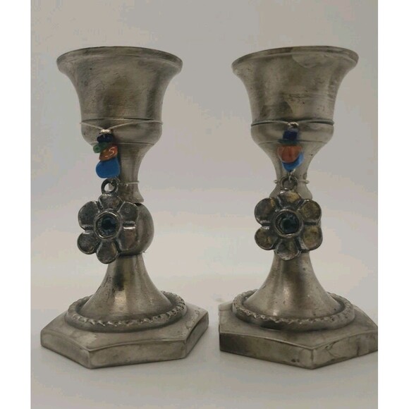 Silver Tone Brass Candlesticks Holders W/ Beads & Flower Charm Appx 3 - Picture 9 of 16
